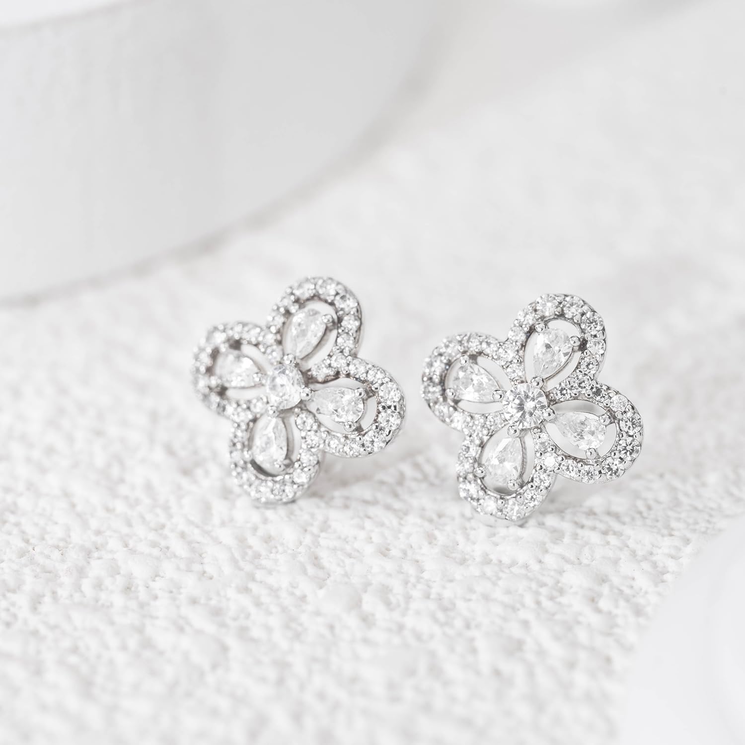 92.5 Sterling Clover Halo Whispers Earrings, Clover Set Studs, Whites Collection